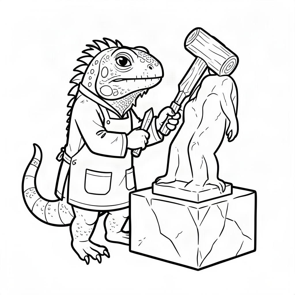 Iguană sculptor cu daltă și ciocan