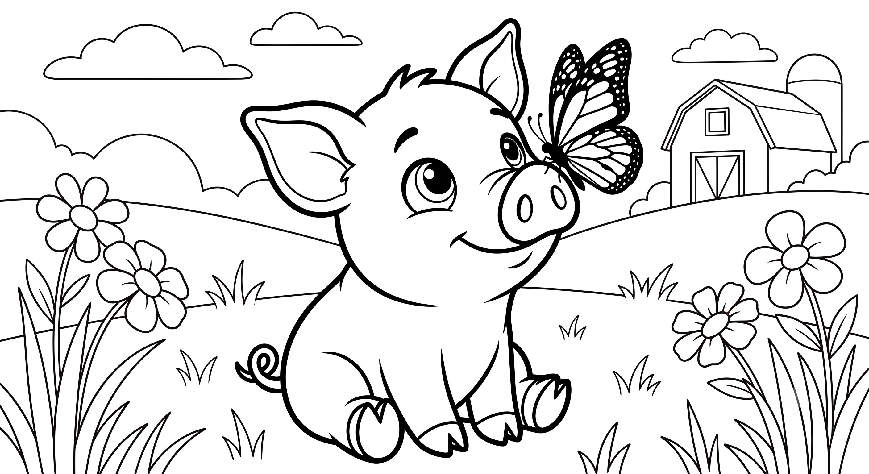Imagine de Colorat Adorabilă: Fluture pe Nasul unui Purceluș