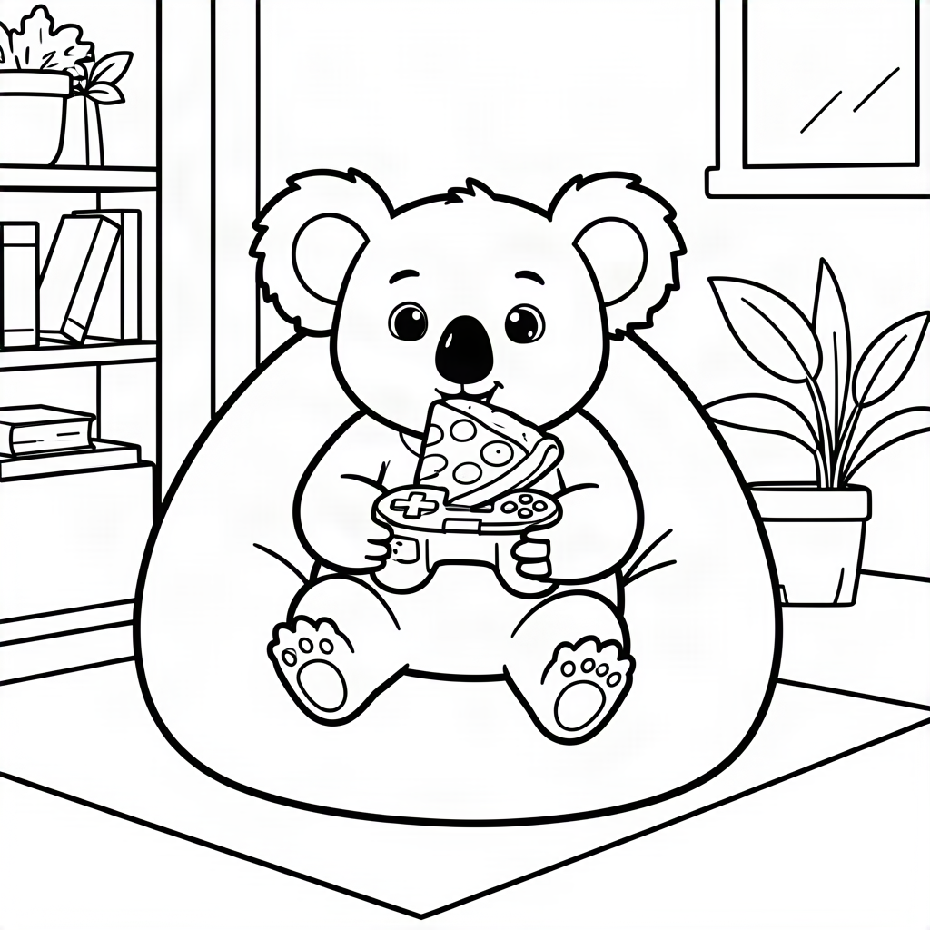 Koala gamer pe puf mâncând pizza