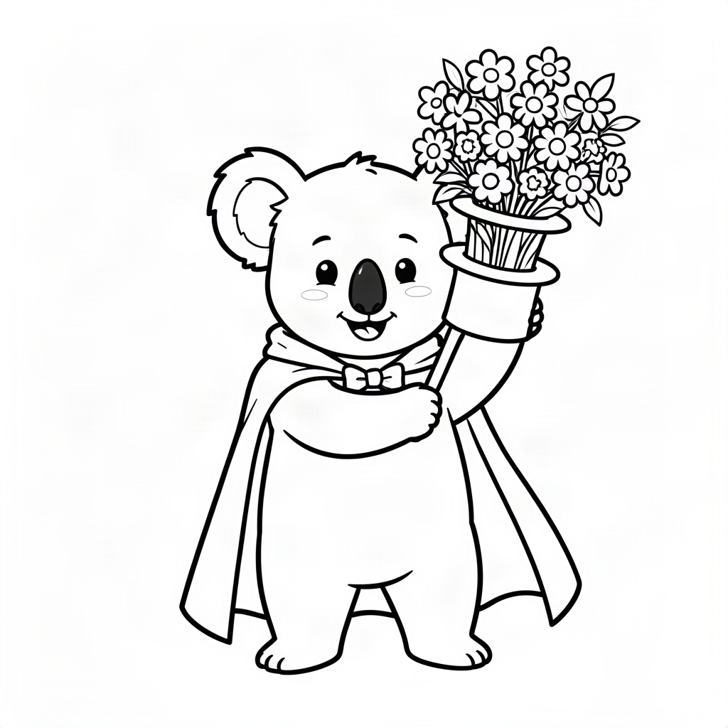 Koala magician cu un buchet de flori