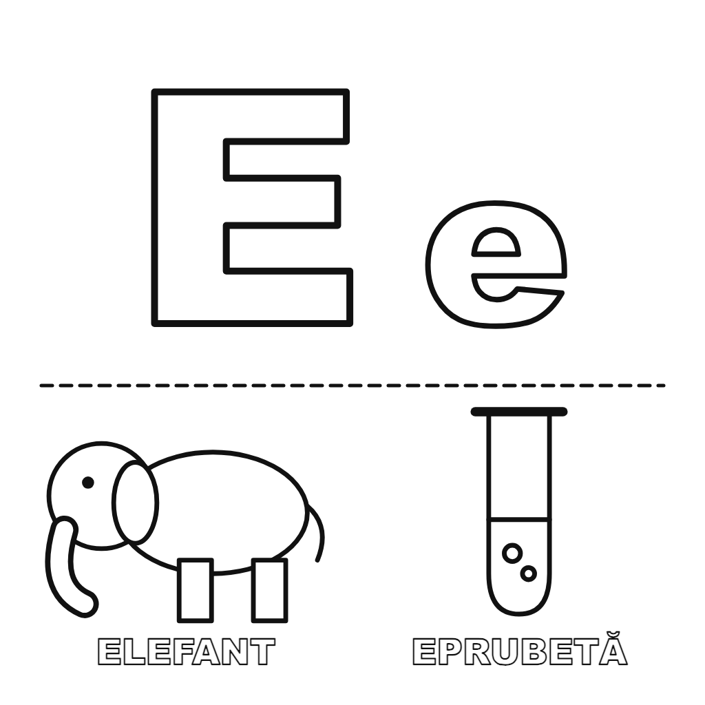 Litera E de la Elefant și Eprubetă