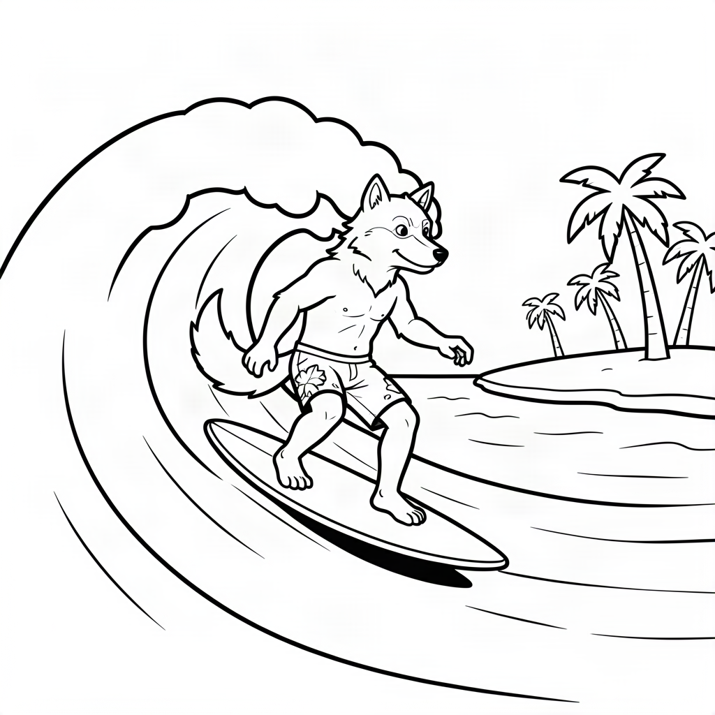 Lup surfer pe un val uriaș