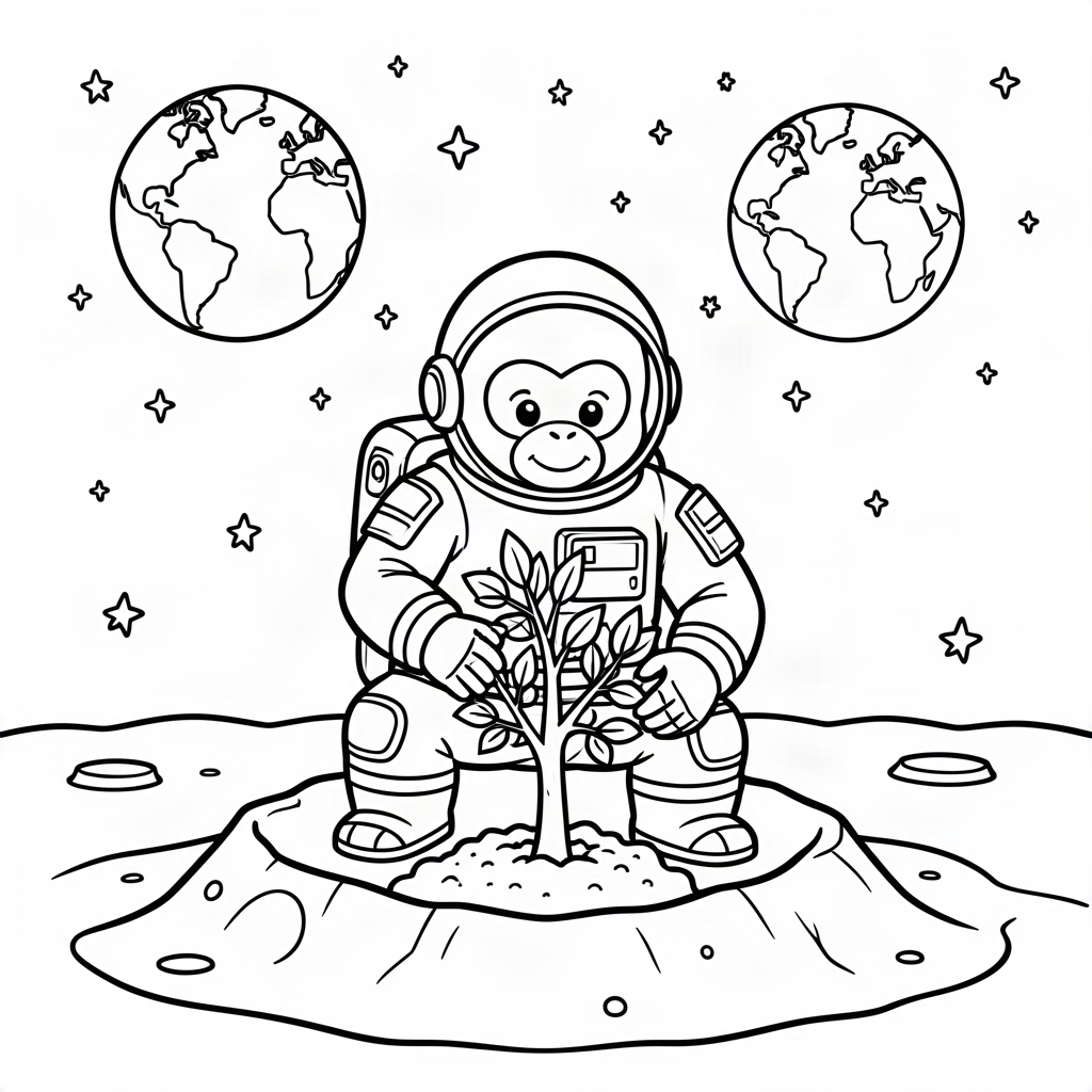 Maimuță astronaut plantând un copac pe Lună