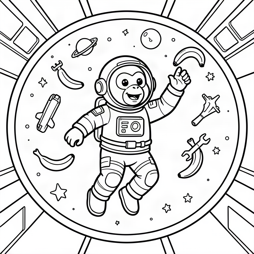 Maimuță astronaut plutind cu banane
