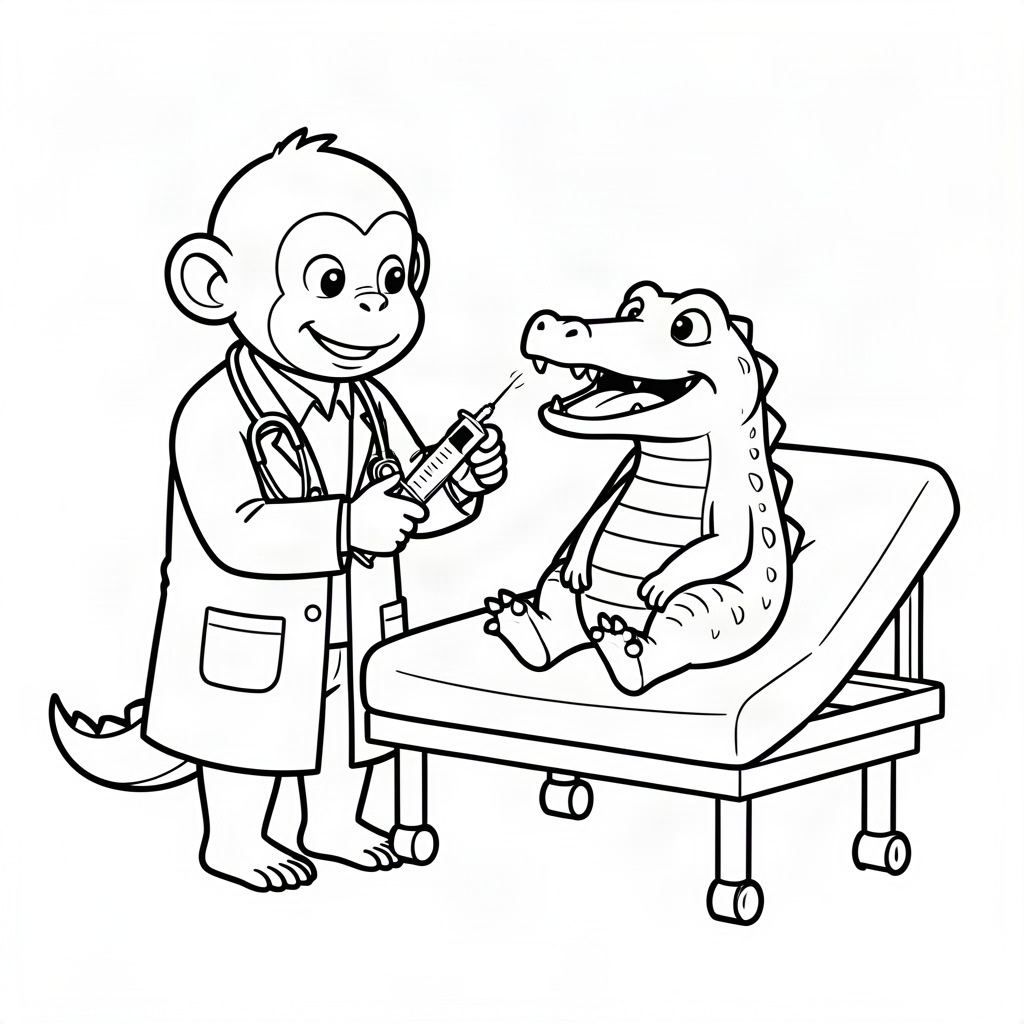 Maimuță doctor vaccinând un crocodil