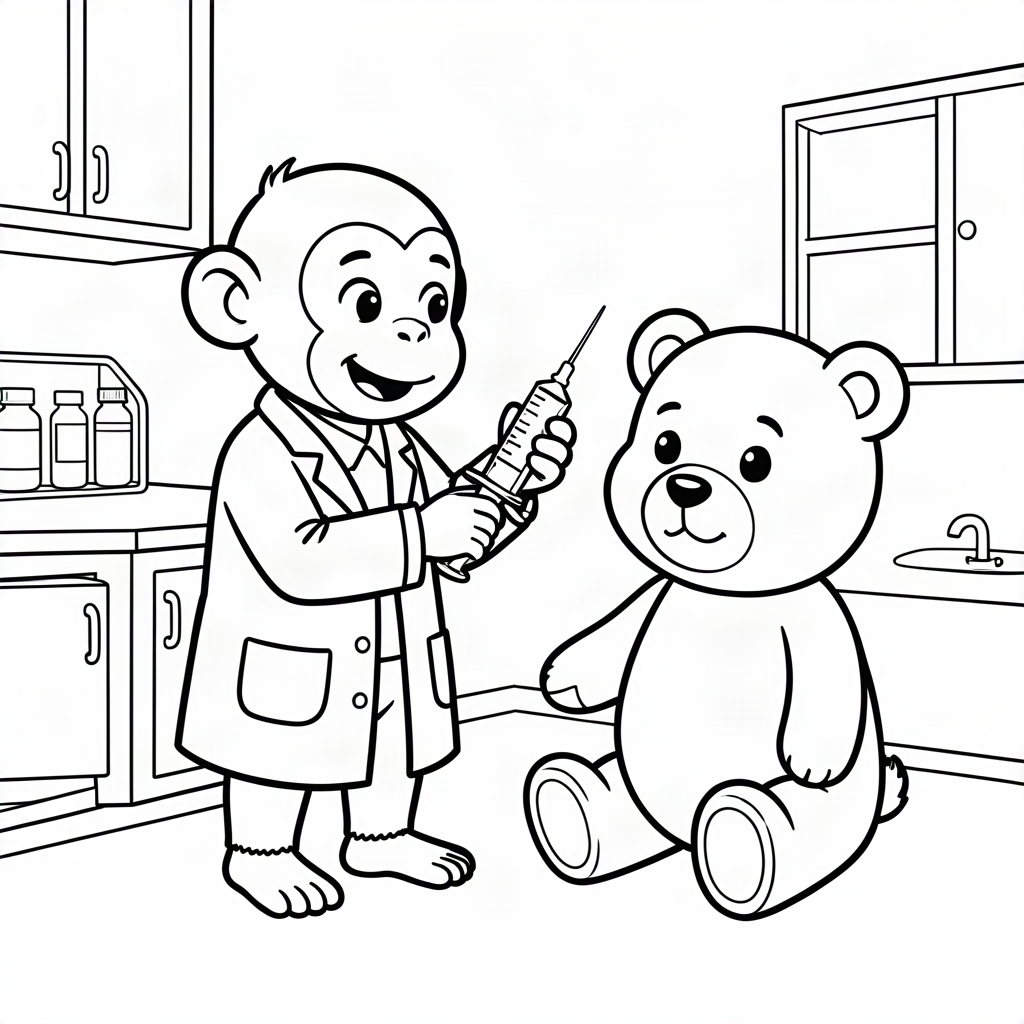 Maimuță doctor vaccinând un urs