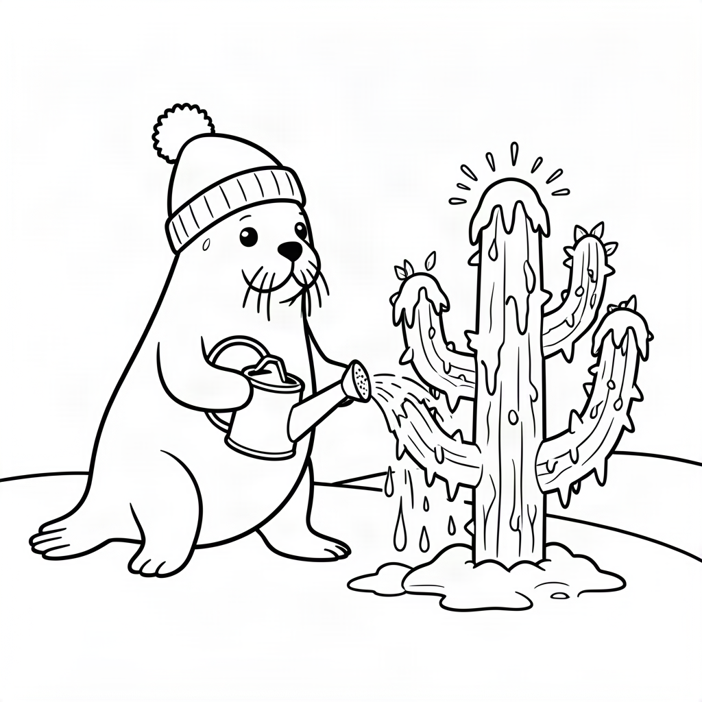 Morsă grădinar udând un cactus de gheață
