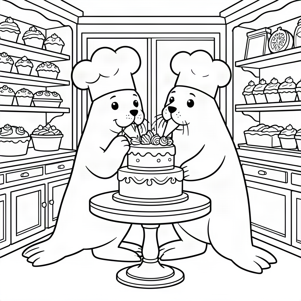 Morsă patiser făcând un tort de nuntă