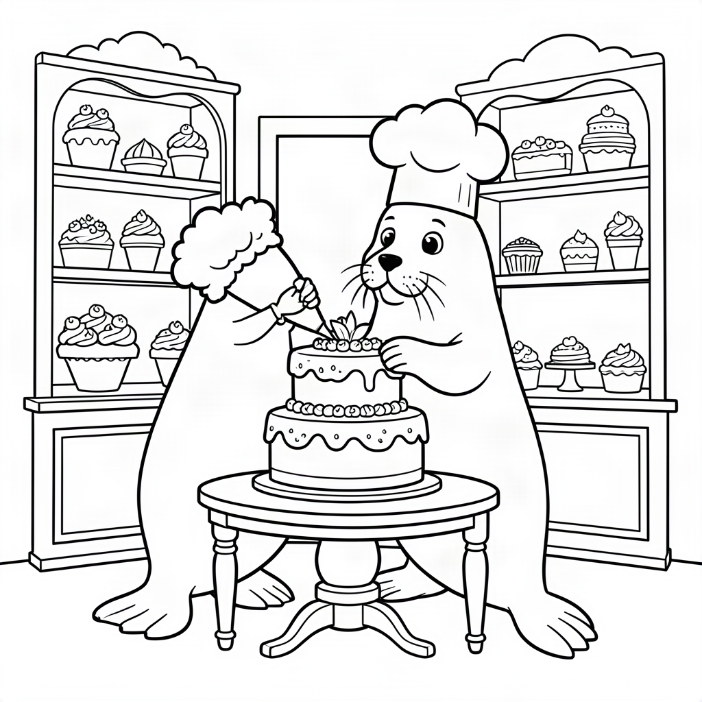 Morsă patiser făcând un tort de nuntă