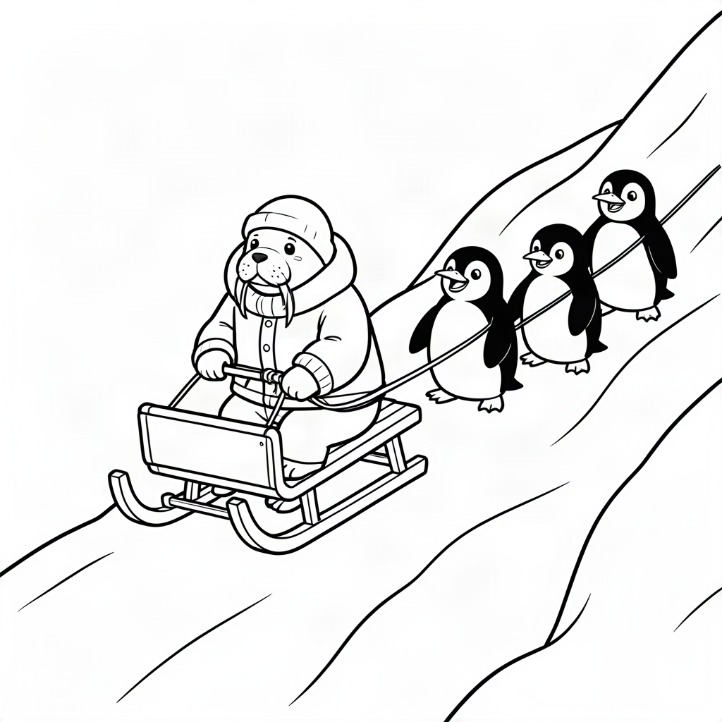 Morsă pe o sanie trasă de pinguini