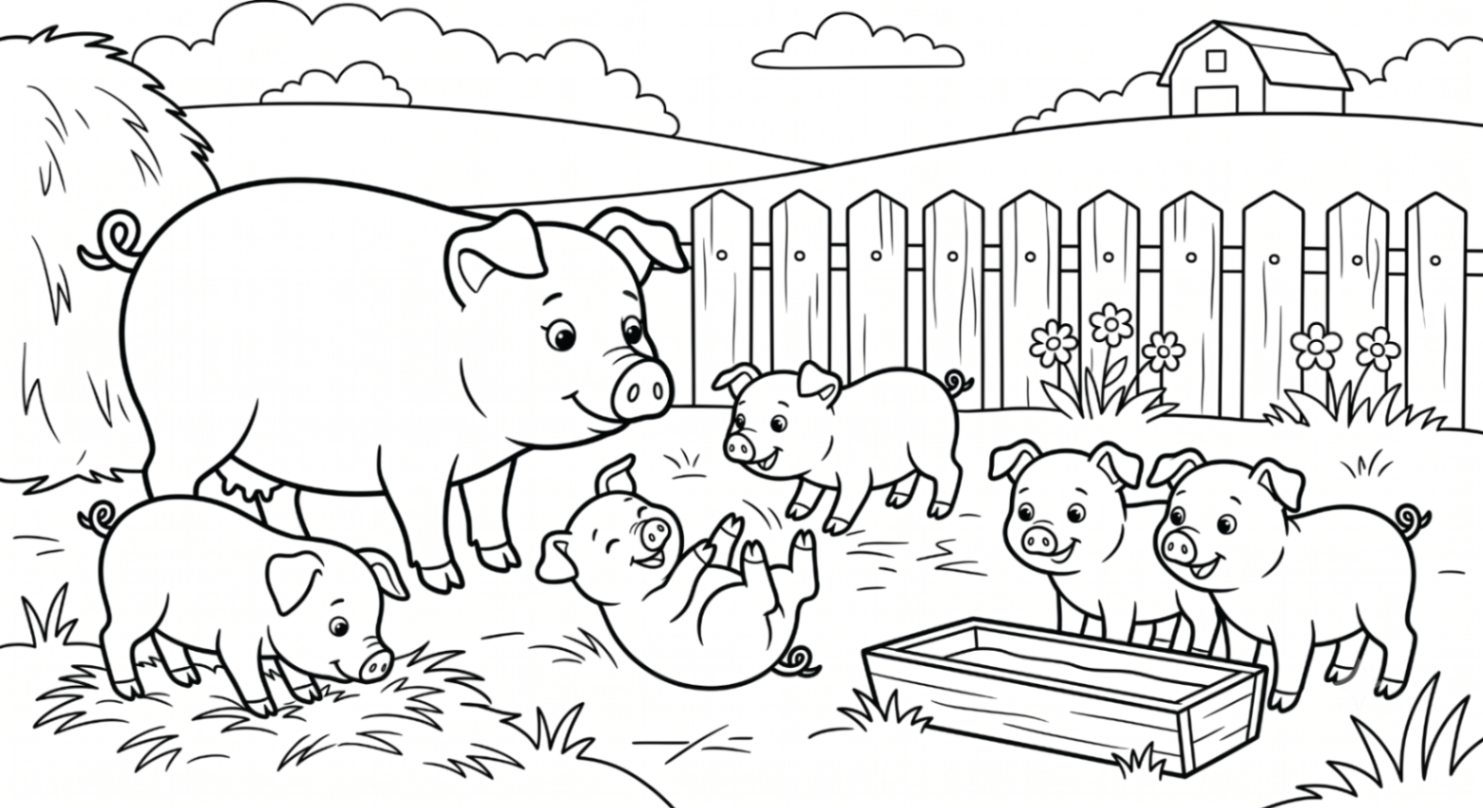 O Familie Fericită de Porci de Colorat