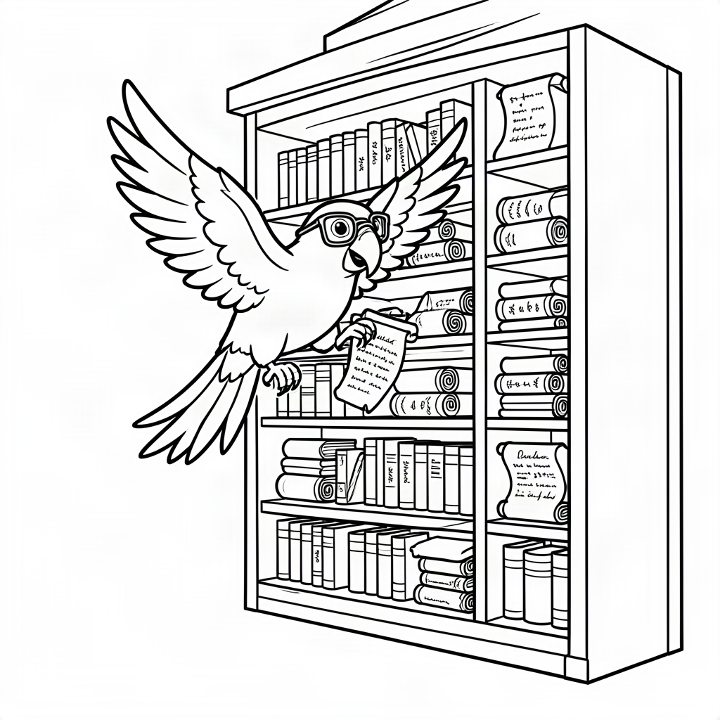 Papagal bibliotecar aranjând pergamente