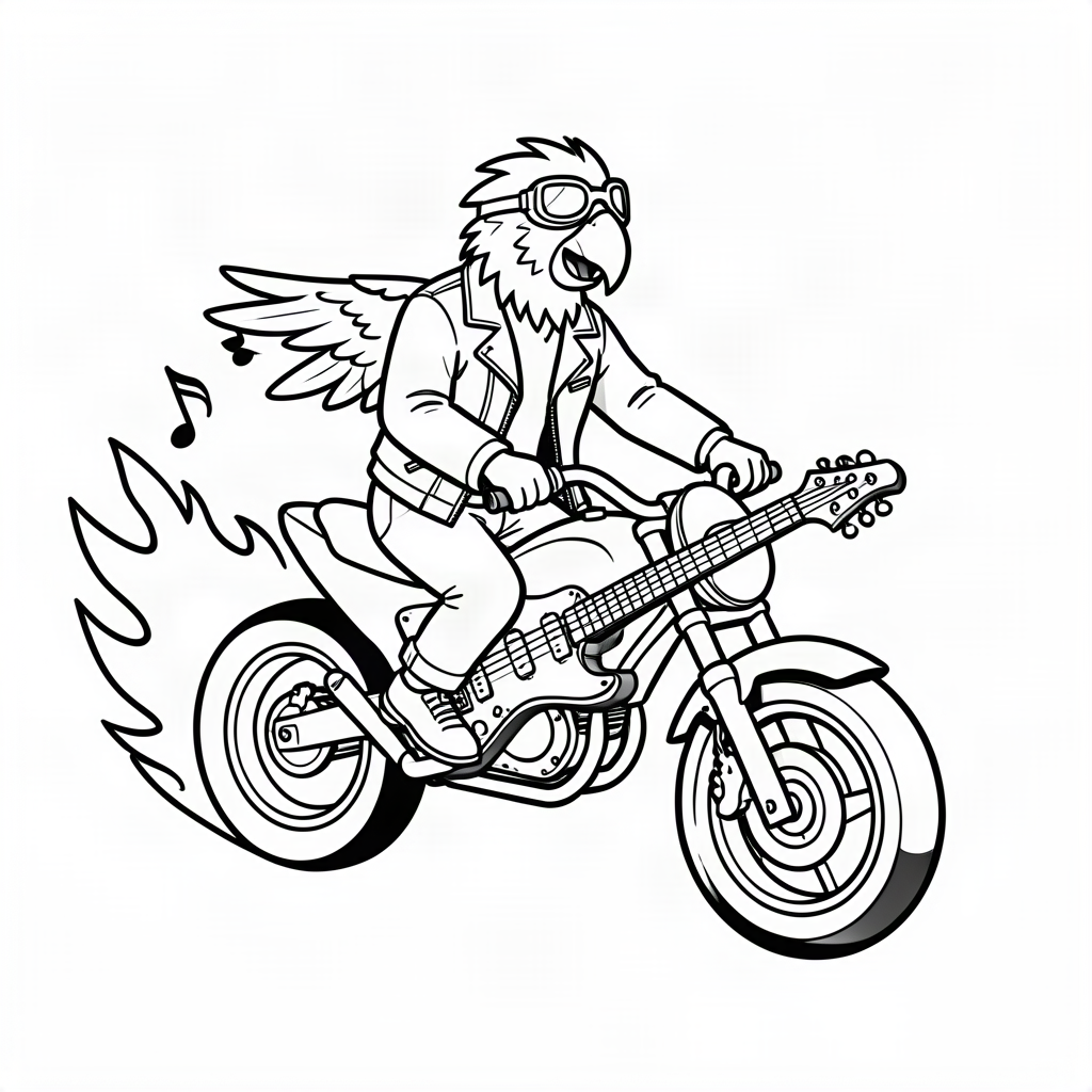 Papagal motociclist pe o chitară zburătoare