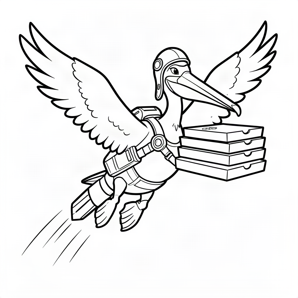 Pelican livrând pizza cu un jetpack