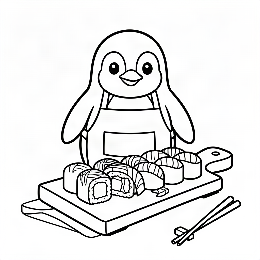 Pinguin bucătar făcând sushi de gheață