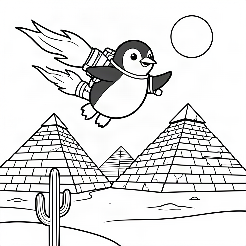 Pinguin cu jetpack zburând peste piramide