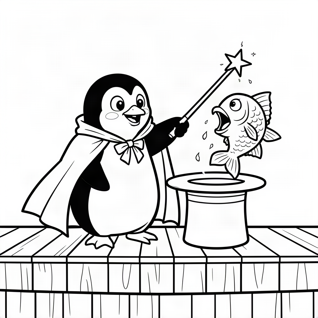 Pinguin magician scoțând un pește din pălărie