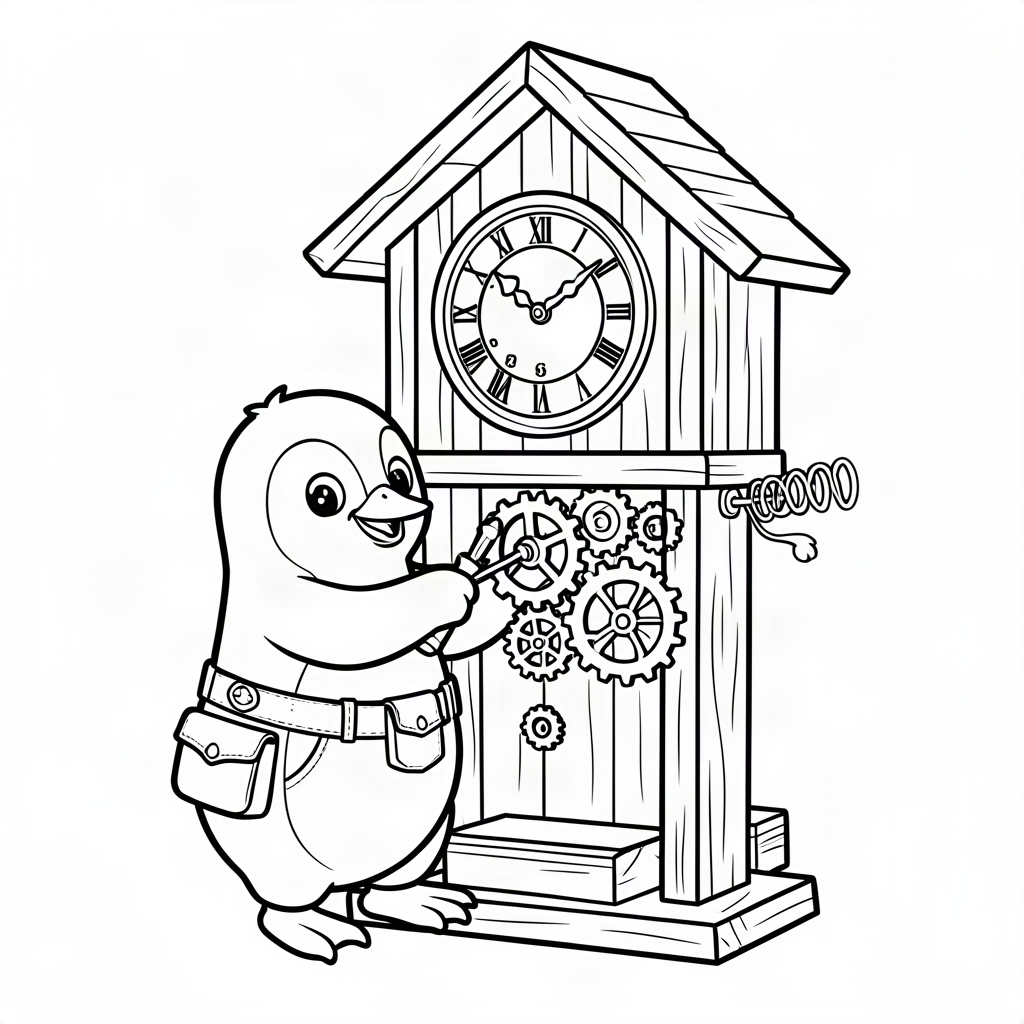 Pinguin mecanic reparând un ceas cu cuc