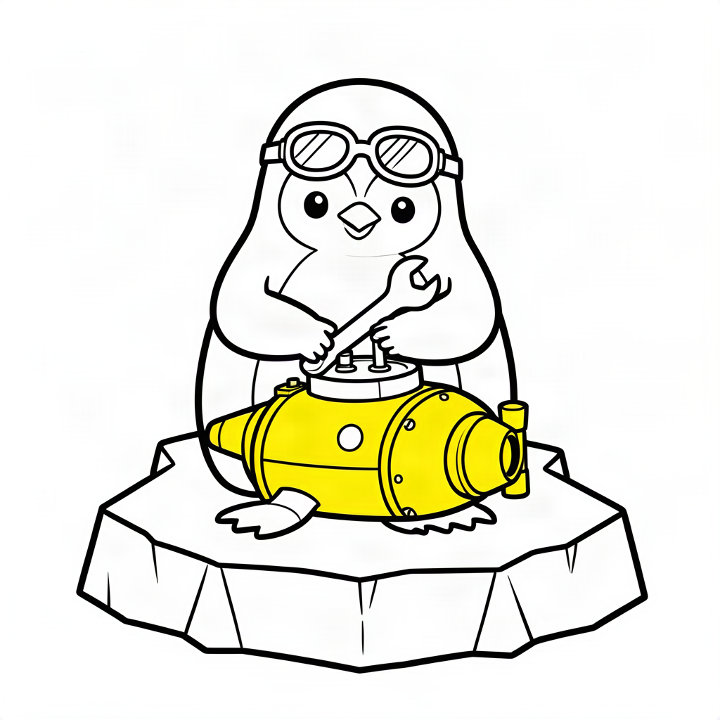 Pinguin mecanic reparând un submarin
