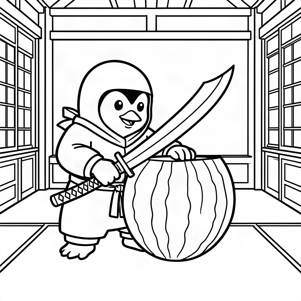 Pinguin ninja tăind un pepene