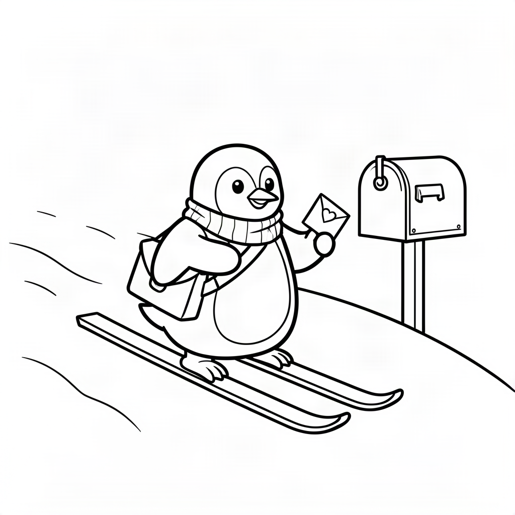 Pinguin poștaș livrând pe schiuri