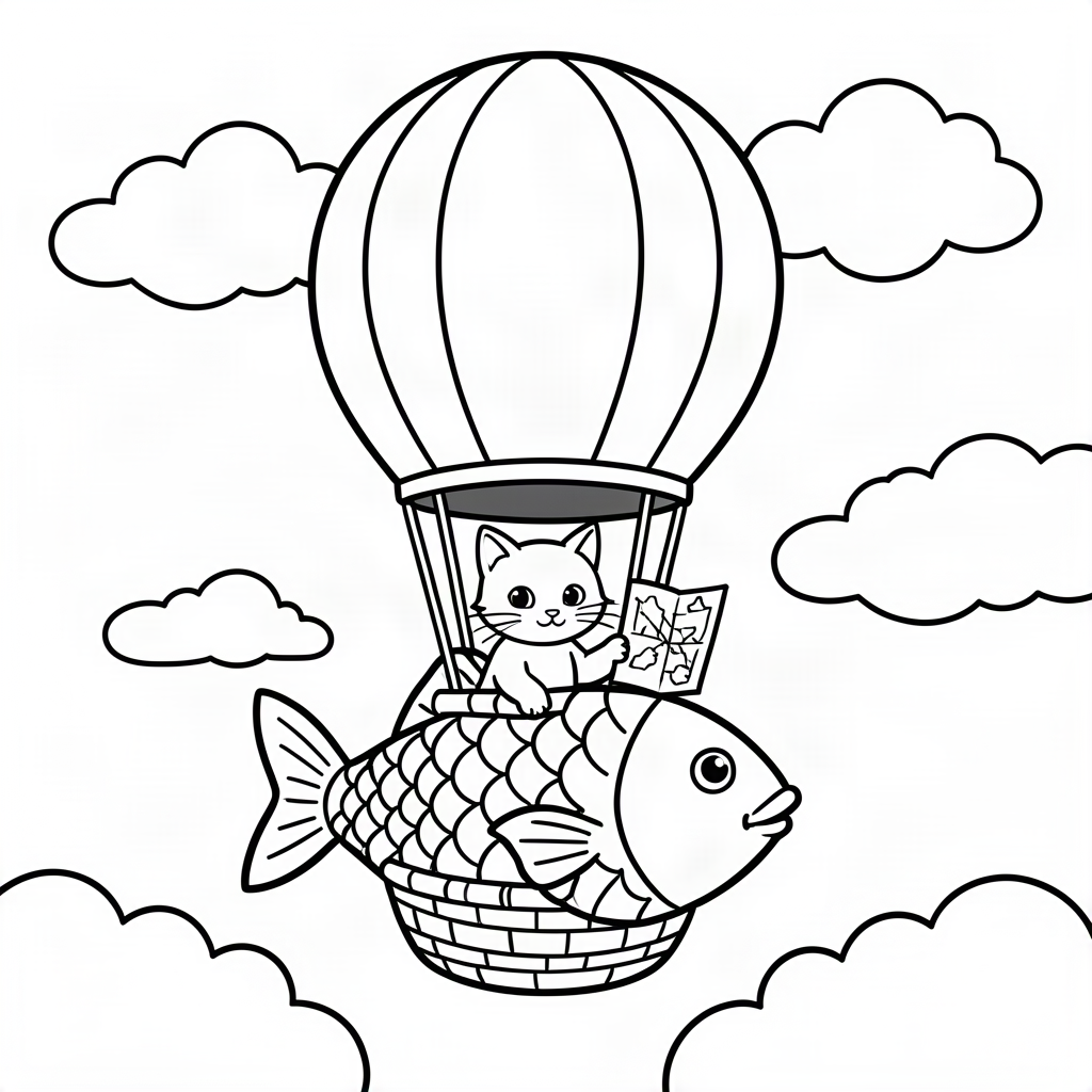 Pisică zburând cu un balon cu aer cald pește