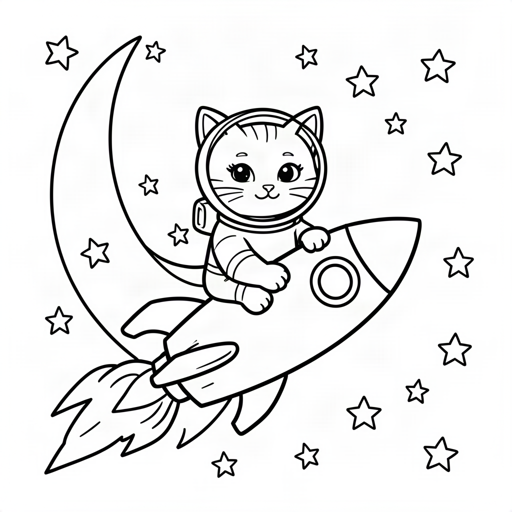Pisicuță astronaut călărind o rachetă de jucărie