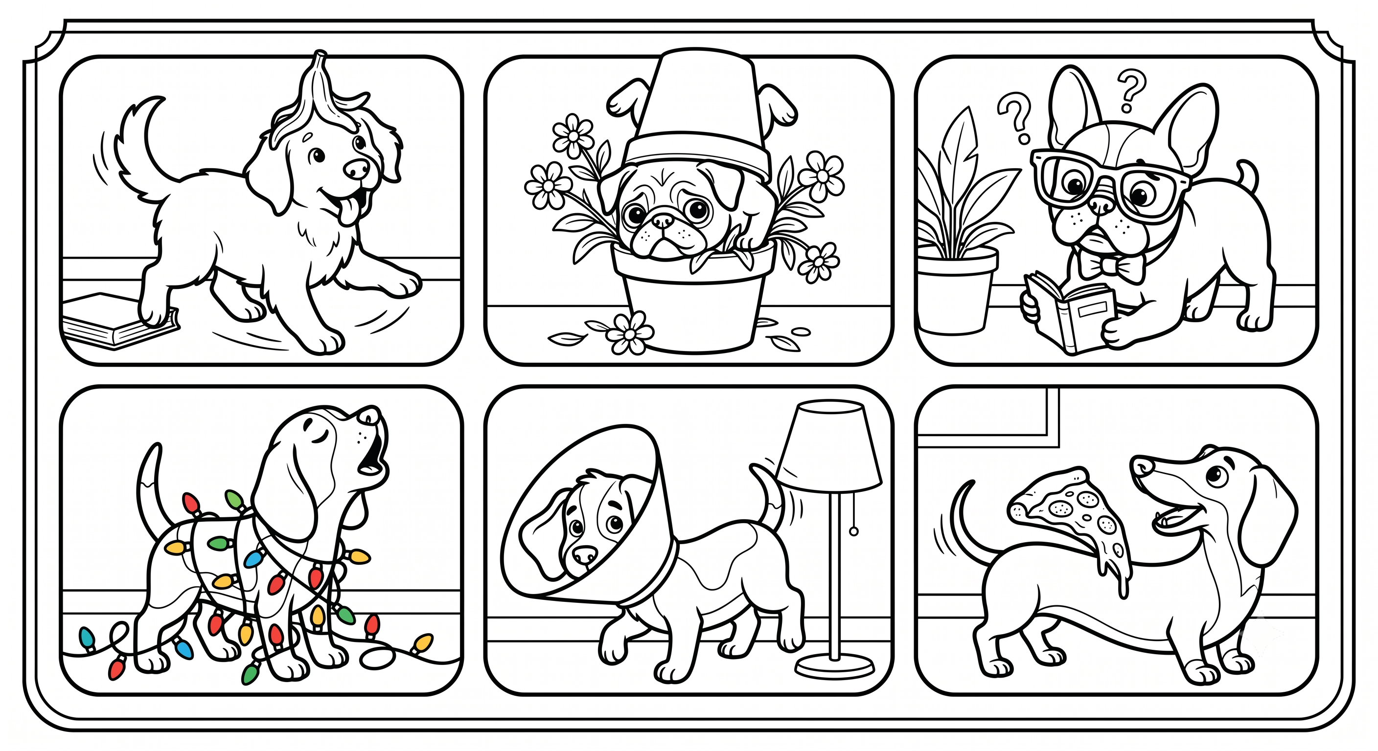 Planșă de Colorat cu Cățeluși Amuzanți și Comici