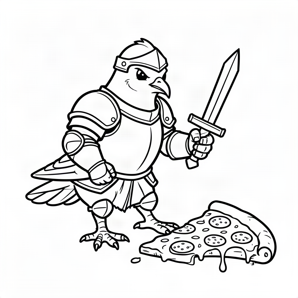 Porumbel cavaler protejând o felie de pizza