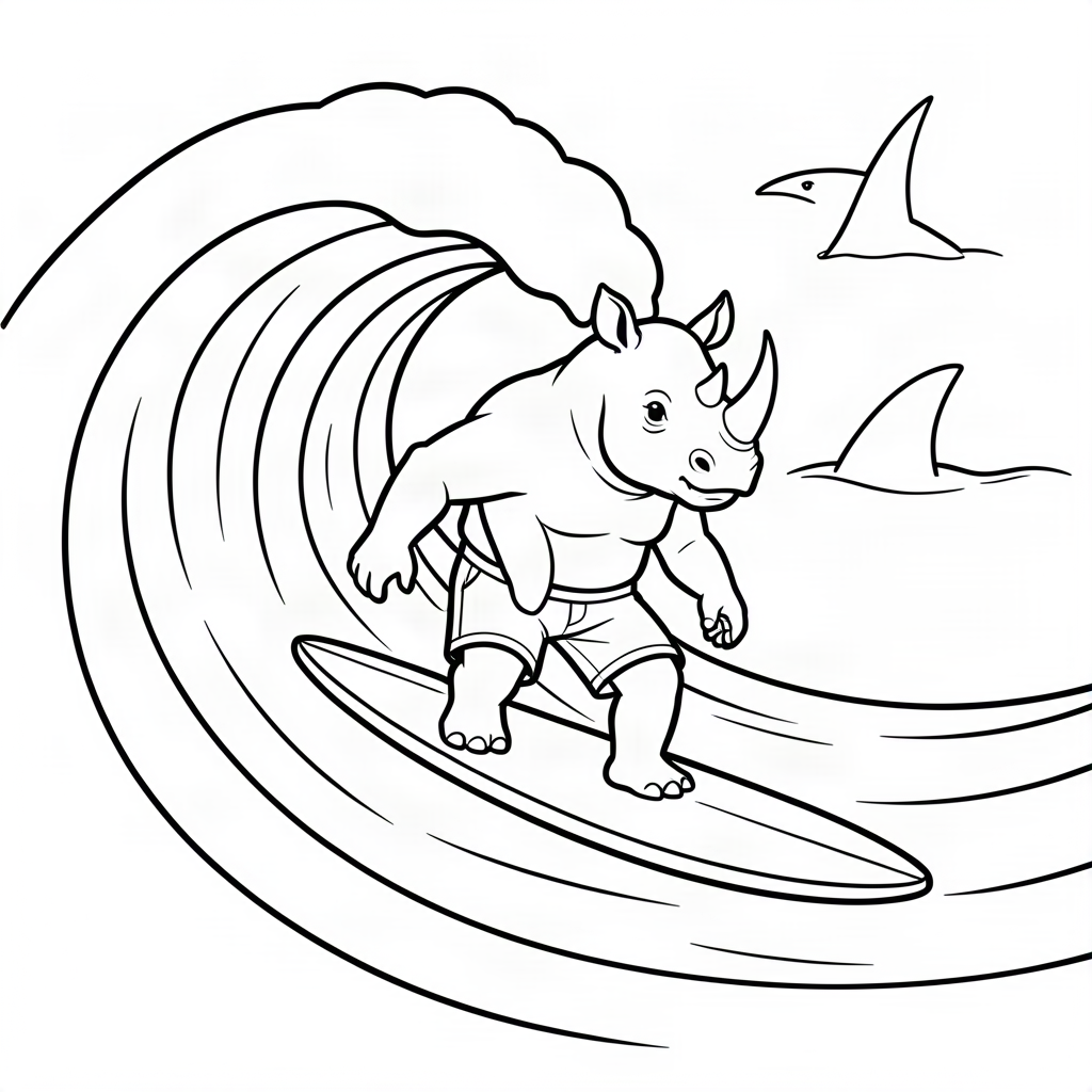 Rinocer surfer pe un val uriaș