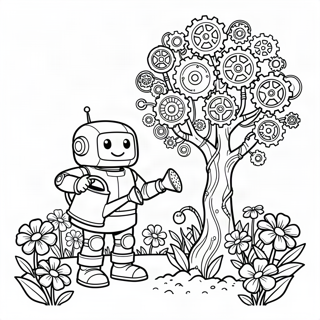 Robot grădinar plantând un copac de metal