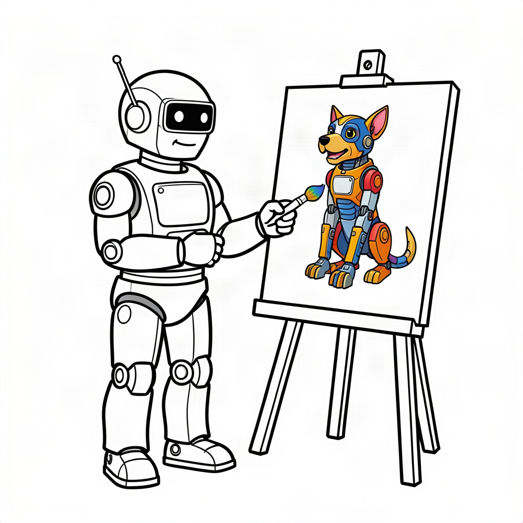 Robot pictând portretul unui câine mecanic