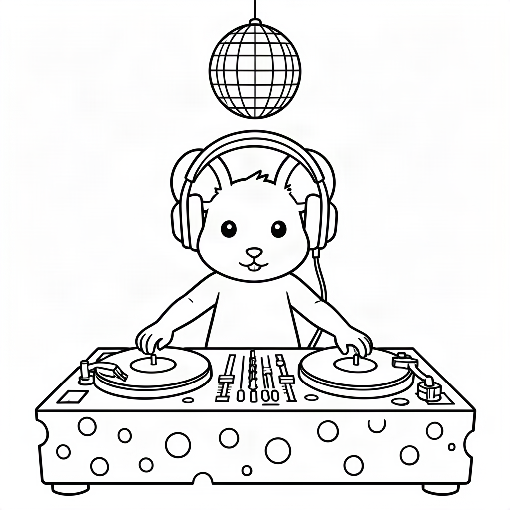 Soarece DJ mixând pe platane de cașcaval