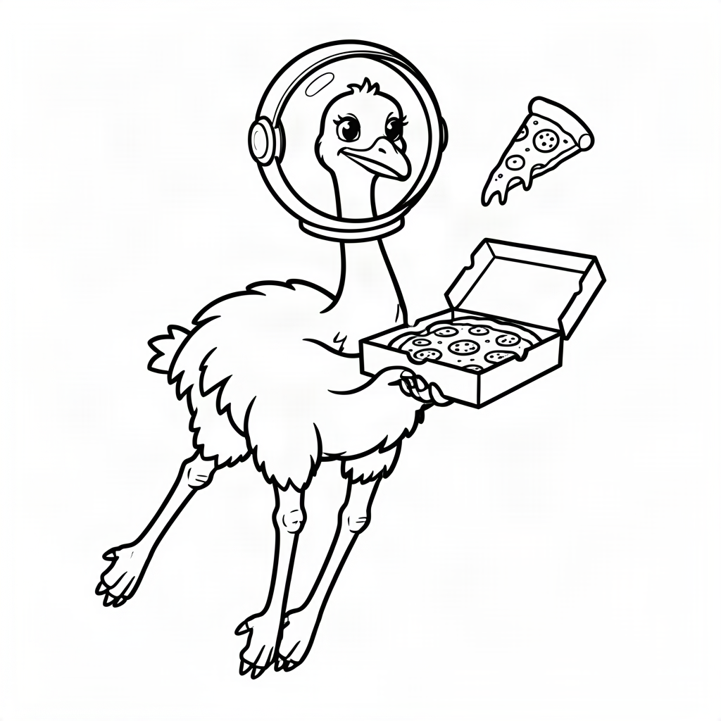 Struț astronaut cu o cutie de pizza