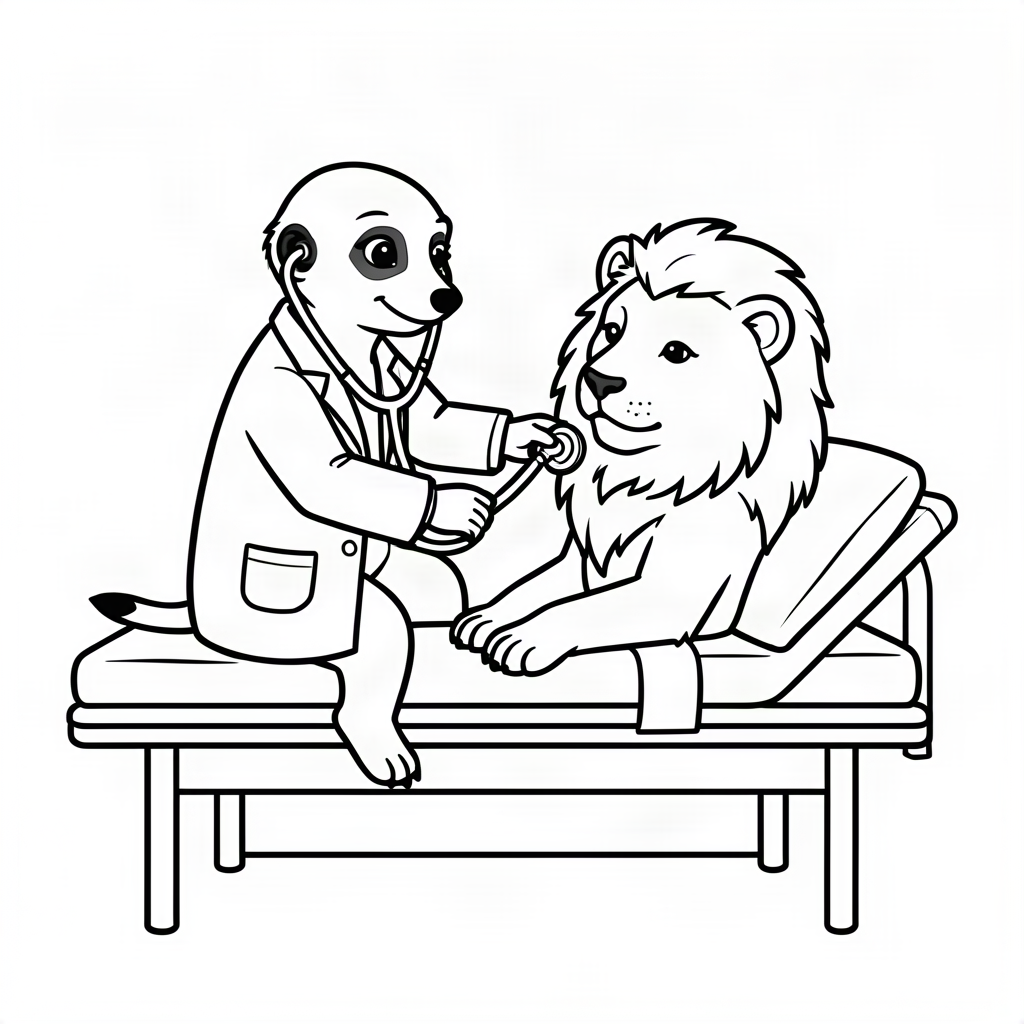 Suricată doctor ascultând inima leului