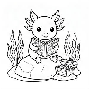 Axolotl citind benzi desenate pe o stâncă