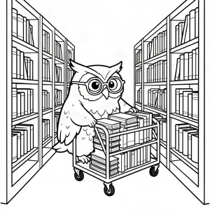 Bufniță bibliotecar cu cărucior de cărți