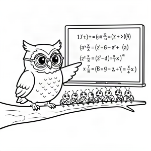 Bufniță profesor predând matematică furnicilor