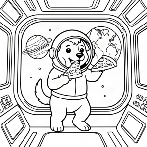 Câine astronaut mâncând pizza