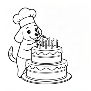 Câine cofetar ornând un tort uriaș