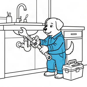 Câine instalator reparând o țeavă