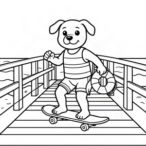 Câine salvamar patrulând pe skateboard