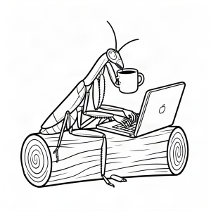 Călugăriță bând cafea la laptop