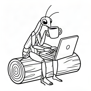 Călugăriță bând cafea la laptop