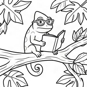 Cameleon citind un ziar pe o creangă