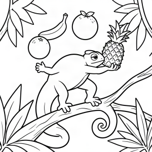 Cameleon jonglând cu fructe tropicale