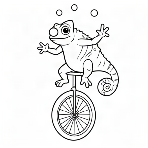 Cameleon jonglând pe monociclu