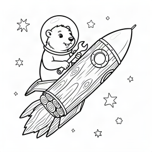 Castor astronaut pe o rachetă de lemn
