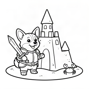 Corgi cavaler păzind un castel de nisip