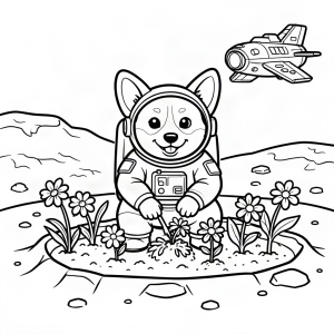 Corgi cosmonaut plantând flori pe Marte